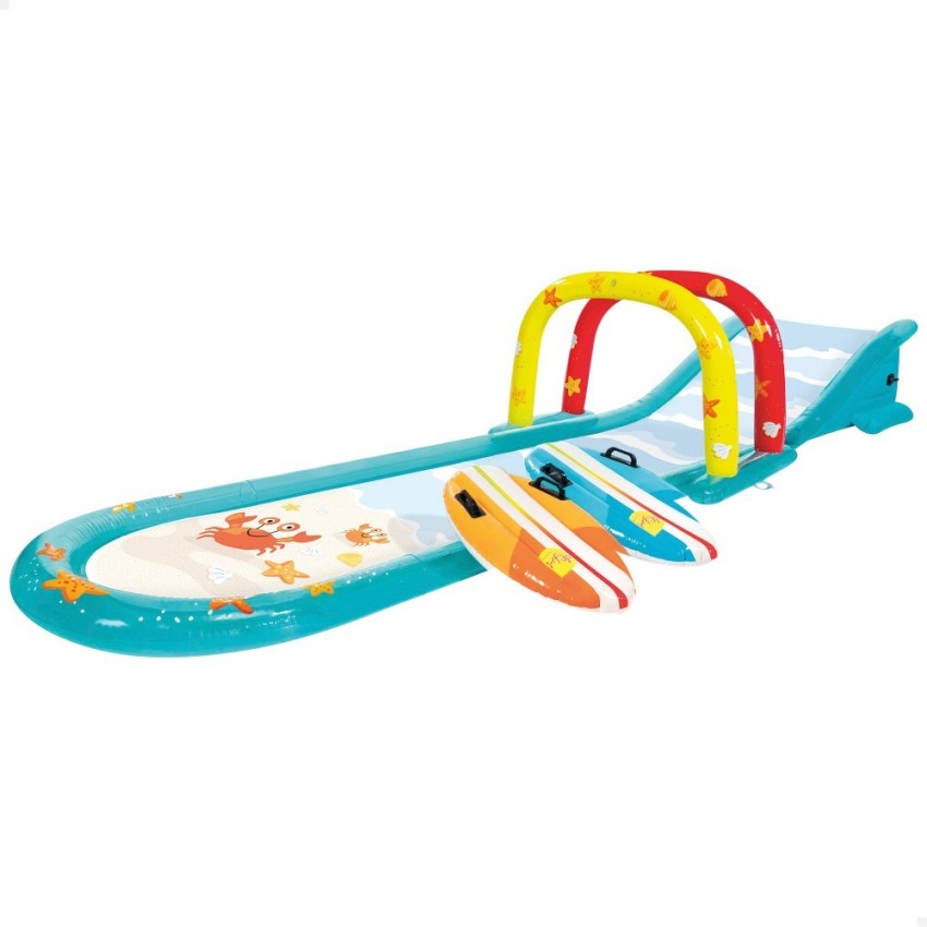Pista deslizante agua c/rociador, tablas de surf y tobogán