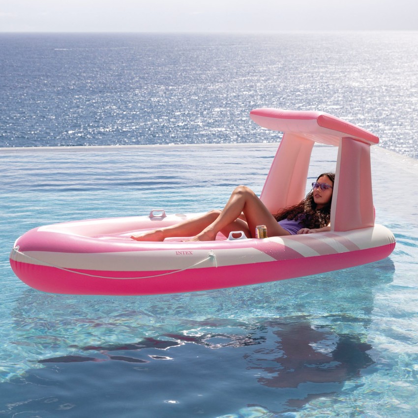 Colchoneta hinchable Pink Paradise con techo y portabebidas | INTEX