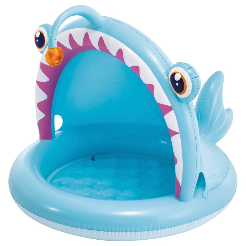 Piscina infantil hinchable angler fish con parasol y suelo acolchado