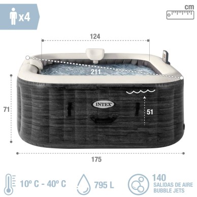 Pack Spa hinchable Greystone Deluxe 4 personas con 6 accesorios | INTEX