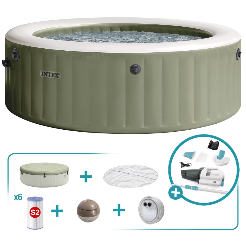 Pack spa hinchable redondo bubble massage verde oliva ø216x71 cm con 6 accesorios