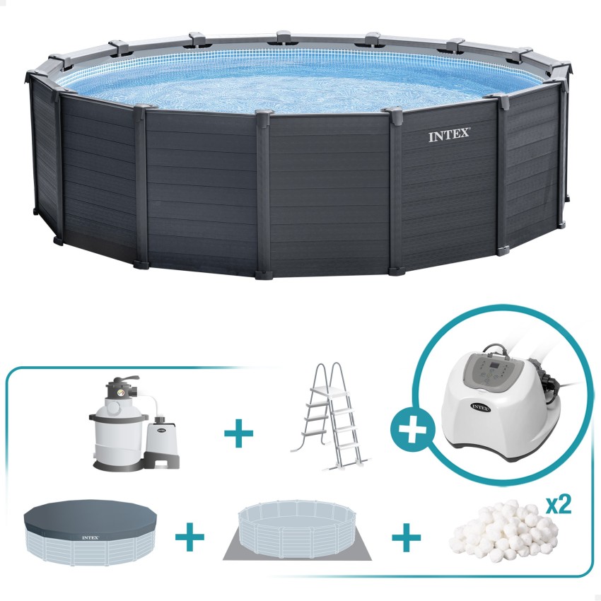 Pack Piscina Graphite Gray Panel Ø478x124 cm 6 acc | INTEX